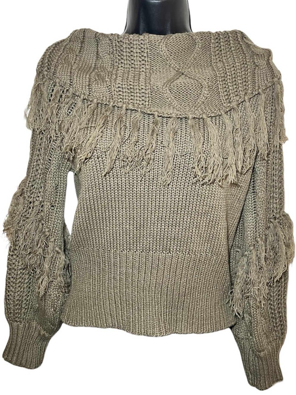 Dainty Hooligan Taupe Boho Cowl Fringe Cable-Knit Sweater